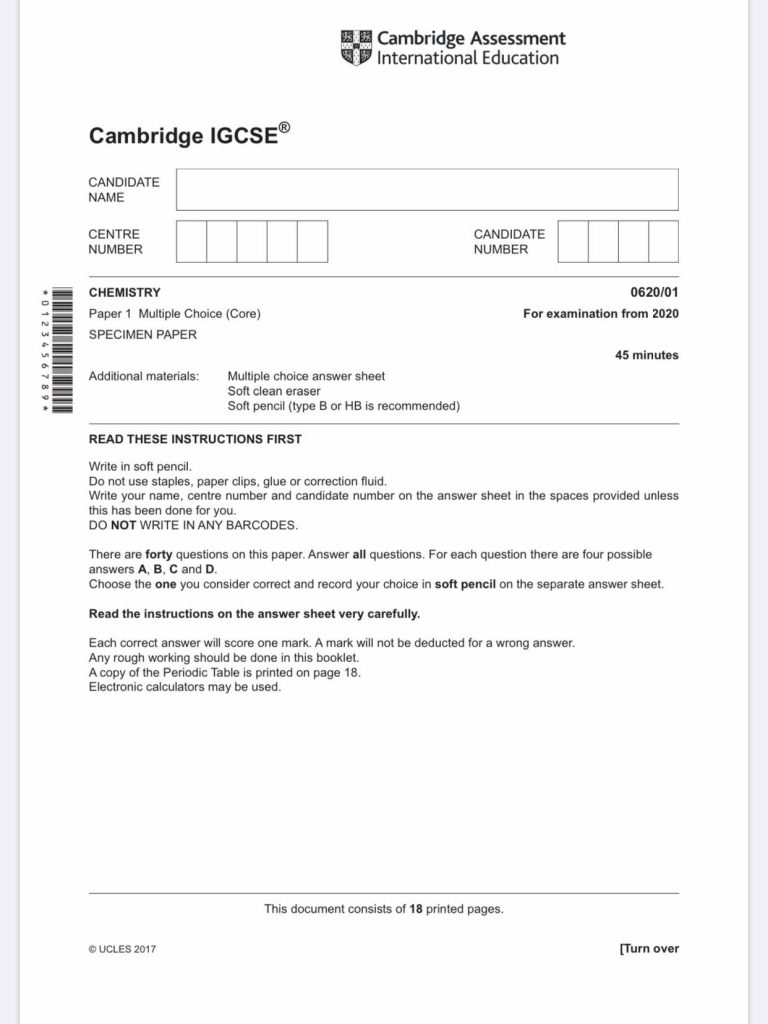 IGCSE CHEMISTRY SPECIMEN 2020 – TestNote.com